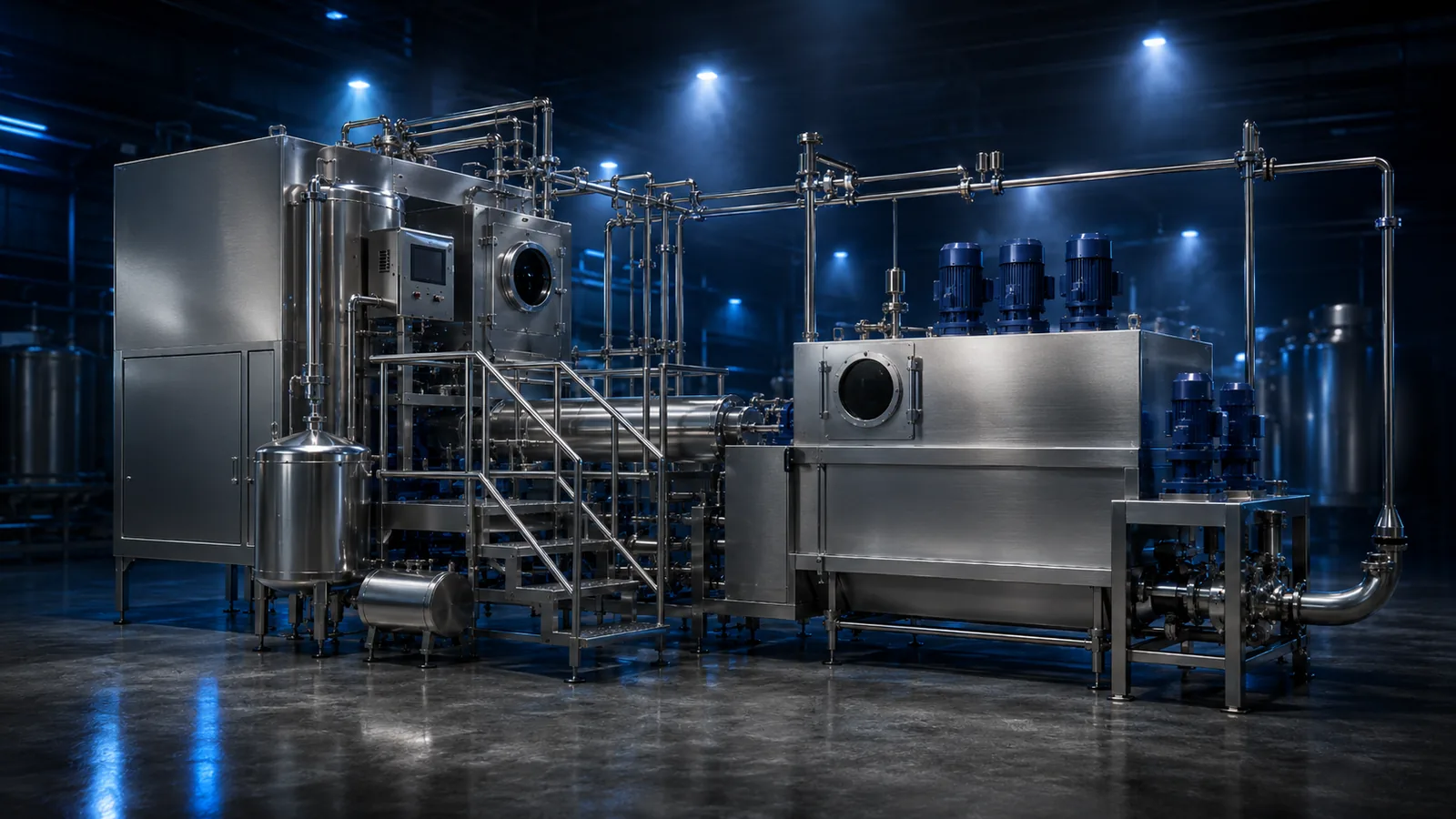 Industrielle Edelstahl-Anlage zur Butter-Verarbeitung im atmosphärischen Hallenlicht