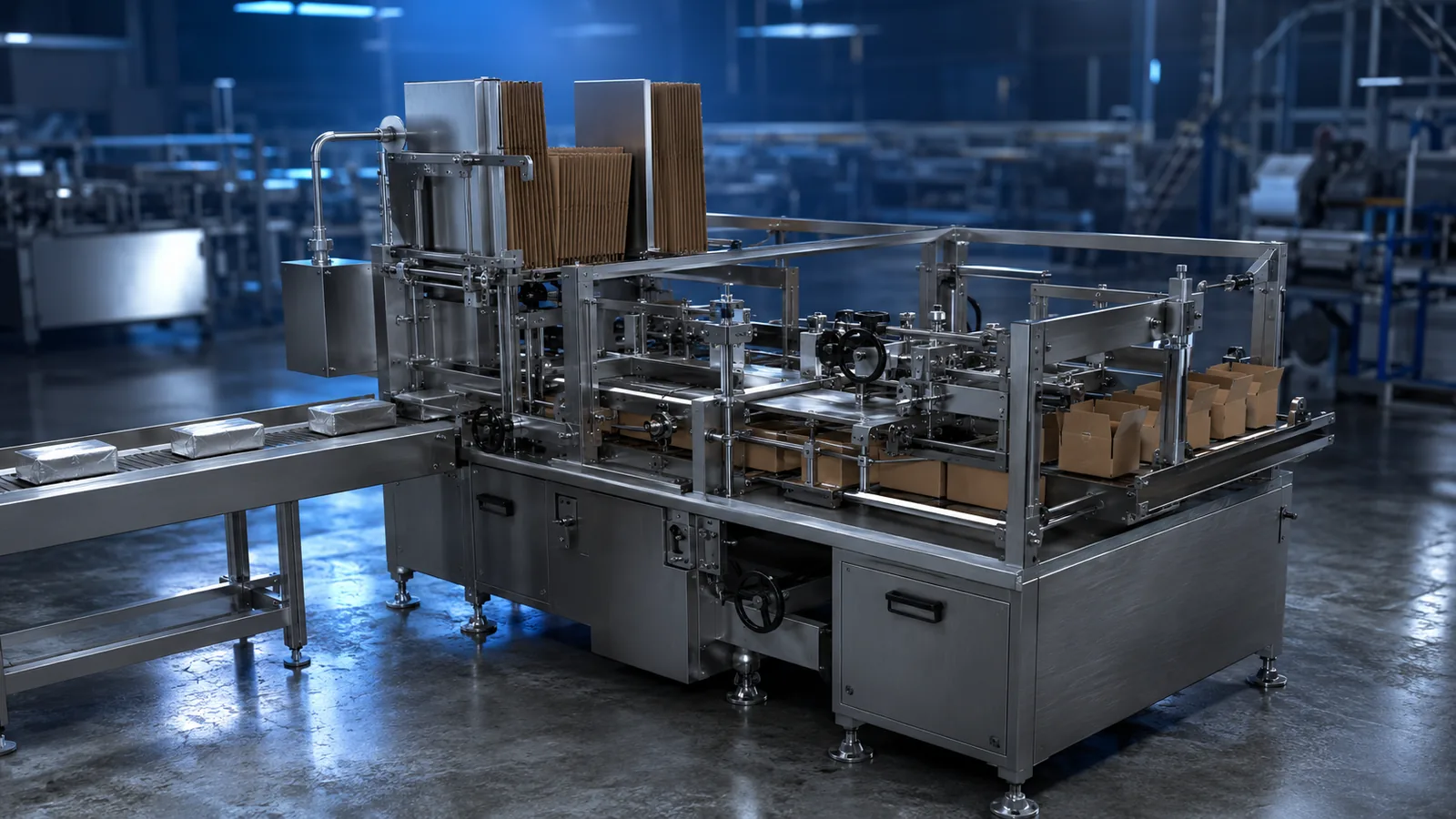 Folienverpackter Butterblock neben aufgerichtetem Karton auf einer Edelstahl-Verpackungslinie